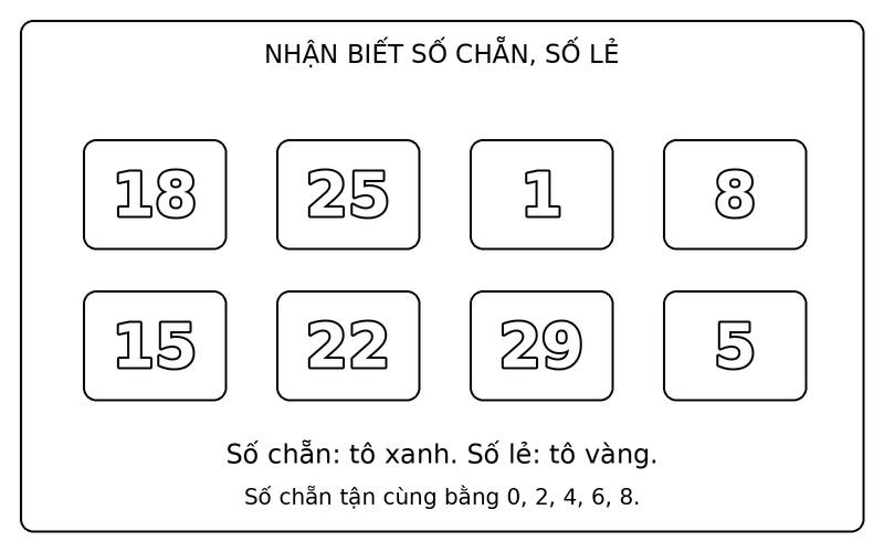 Tranh tô màu số chẵn và số lẻ: phân biệt số chẵn và số lẻ trong nhóm 18, 25, 1, 8, 15, 22, 29, 5