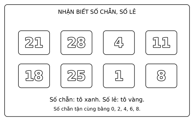 Tranh tô màu số chẵn và số lẻ: phân biệt số chẵn và số lẻ trong nhóm 21, 28, 4, 11, 18, 25, 1, 8