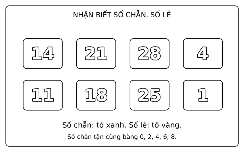 Tranh tô màu số chẵn và số lẻ: phân biệt số chẵn và số lẻ trong nhóm 14, 21, 28, 4, 11, 18, 25, 1