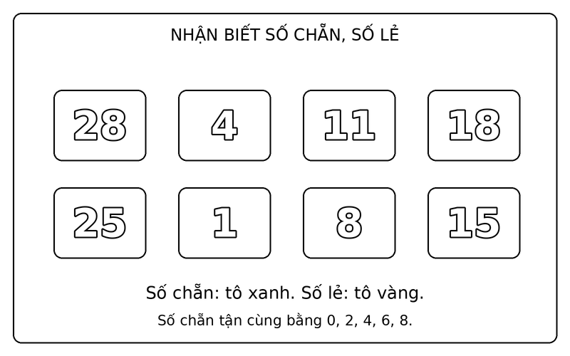 Tranh tô màu số chẵn và số lẻ: phân biệt số chẵn và số lẻ trong nhóm 28, 4, 11, 18, 25, 1, 8, 15