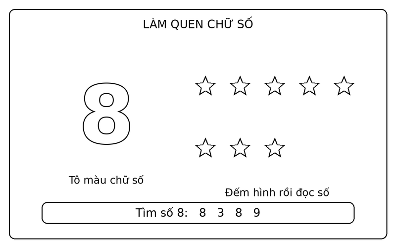 Tranh tô màu số từ 0 đến 9: số 8 nét viền và 8 ngôi sao để bé tập đếm