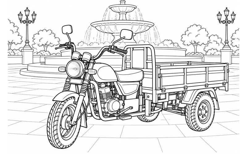 Tranh tô màu xe ba gác gần đài phun nước