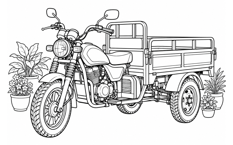 Tranh tô màu xe ba gác bên những chậu cây
