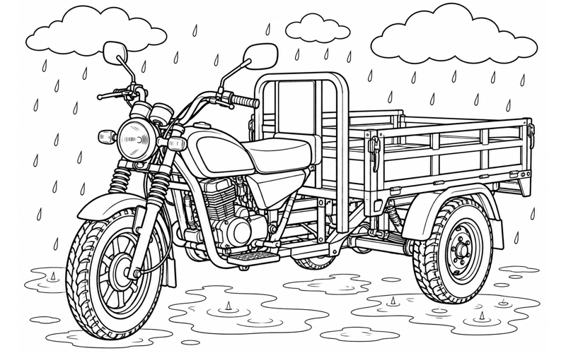 Tranh tô màu xe ba gác trong ngày có mưa nhẹ