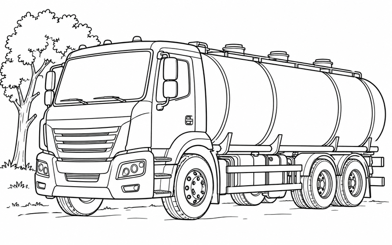 Tranh tô màu xe bồn chở xăng đỗ bên cây nhỏ
