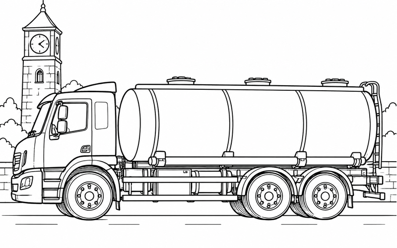 Tranh tô màu xe bồn chở xăng bên tháp đồng hồ