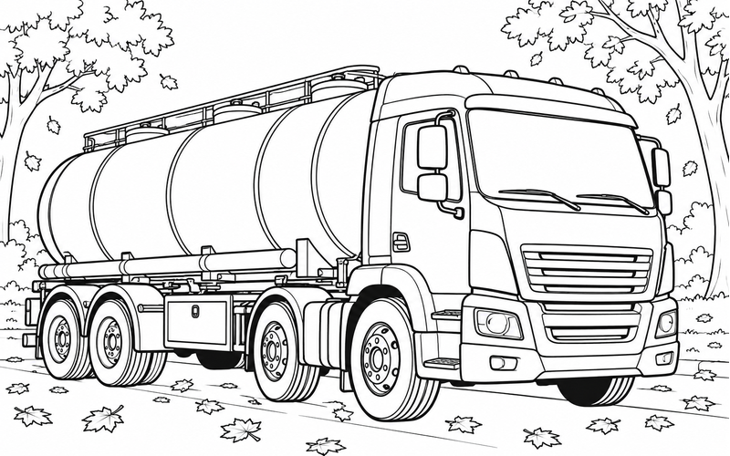 Tranh tô màu xe bồn chở xăng bên hàng cây mùa thu