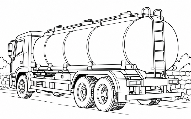 Tranh tô màu xe bồn chở xăng bên bức tường đá thấp