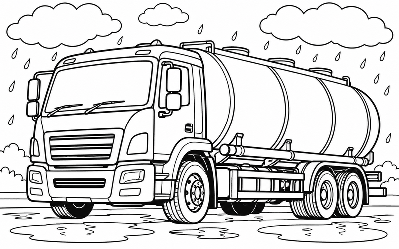 Tranh tô màu xe bồn chở xăng trong ngày có mưa nhẹ