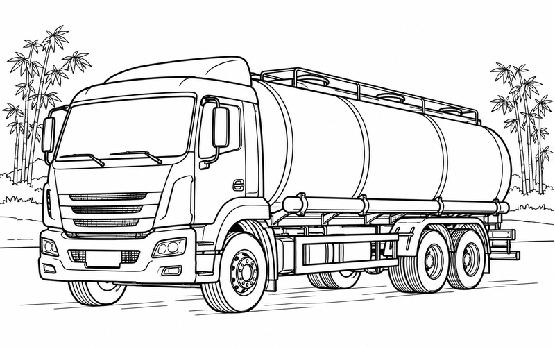 Tranh tô màu xe bồn chở xăng với khóm tre phía xa