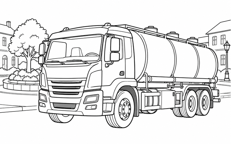 Tranh tô màu xe bồn chở xăng gần chậu hoa tròn ở quảng trường