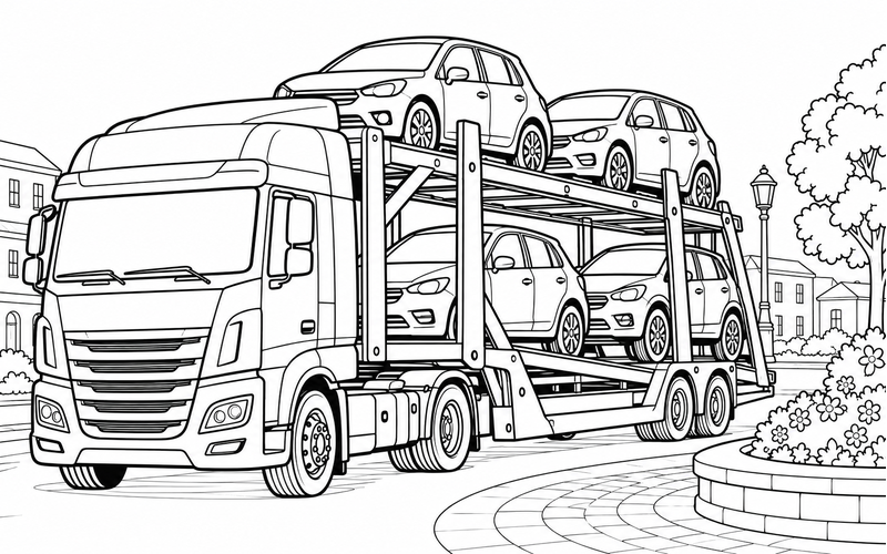 Tranh tô màu xe chở ô tô gần chậu hoa tròn ở quảng trường