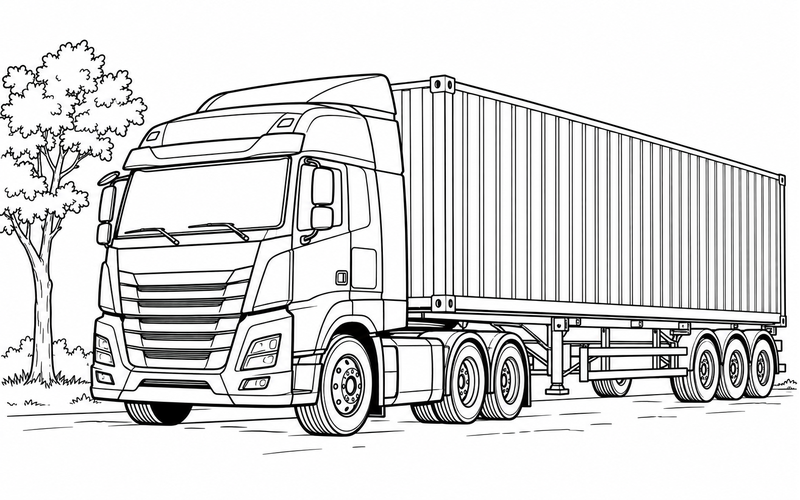 Tranh tô màu xe container đỗ bên cây nhỏ