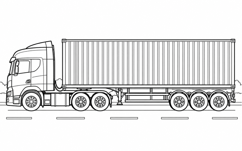 Tranh tô màu xe container nhìn ngang trên phố vắng