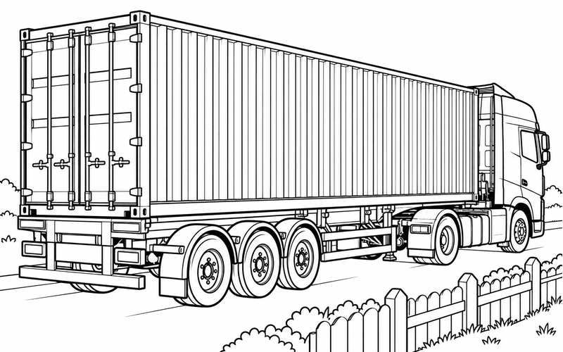 Tranh tô màu xe container nhìn từ phía sau cạnh hàng rào