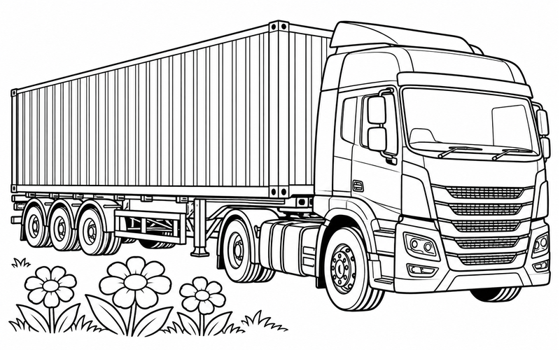 Tranh tô màu xe container bên ba bông hoa
