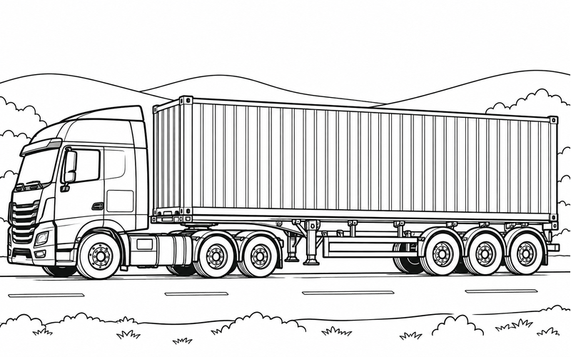 Tranh tô màu xe container trên đường gần đồi