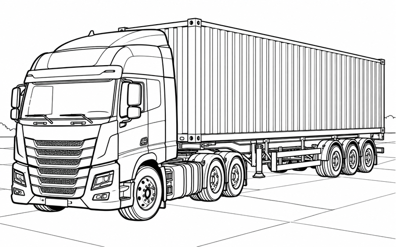 Tranh tô màu xe container trong sân rộng