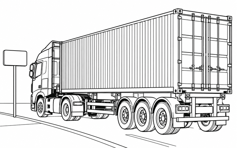 Tranh tô màu xe container cạnh biển chỉ đường