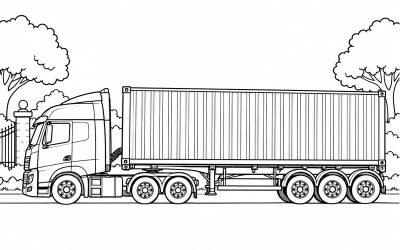 Tranh tô màu xe container bên cổng công viên