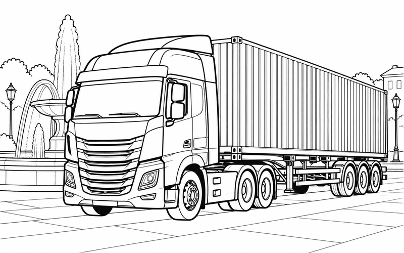 Tranh tô màu xe container gần đài phun nước