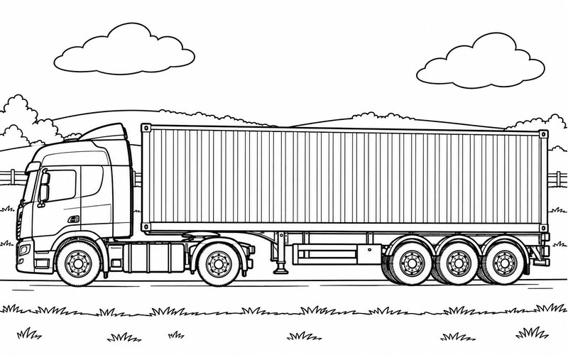 Tranh tô màu xe container bên cánh đồng và mây