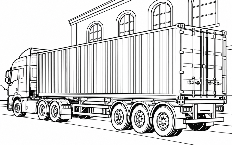 Tranh tô màu xe container cạnh tòa nhà có cửa vòm