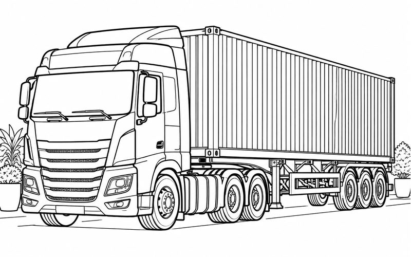 Tranh tô màu xe container bên những chậu cây
