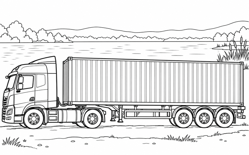 Tranh tô màu xe container gần bờ hồ có khóm lau
