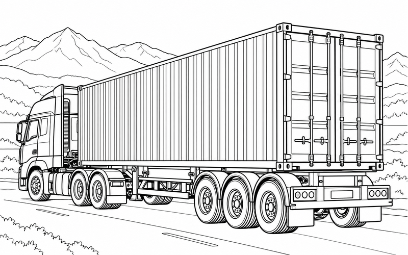 Tranh tô màu xe container với núi ở phía xa