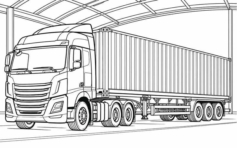 Tranh tô màu xe container gần mái che nhà chờ