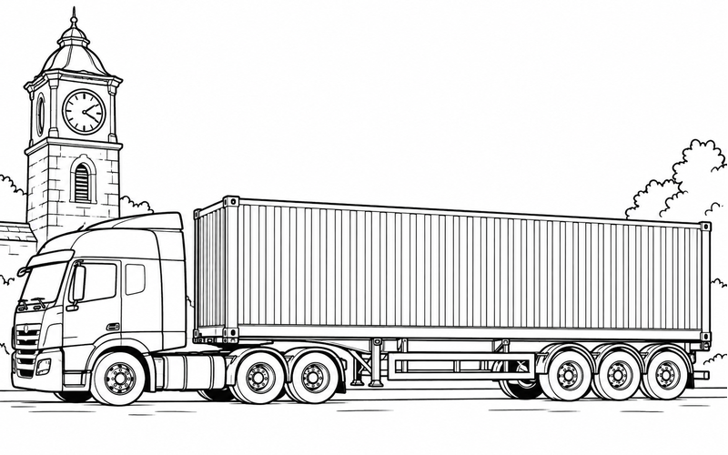 Tranh tô màu xe container bên tháp đồng hồ