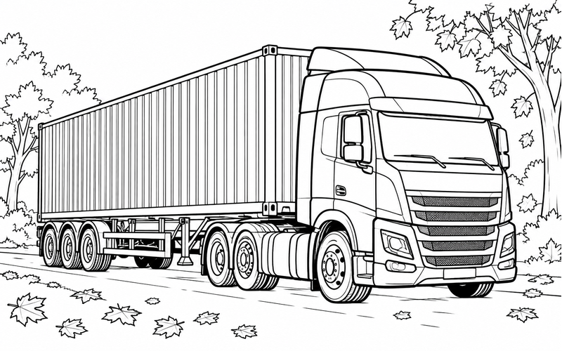 Tranh tô màu xe container bên hàng cây mùa thu