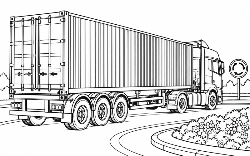 Tranh tô màu xe container gần bồn hoa vòng xuyến
