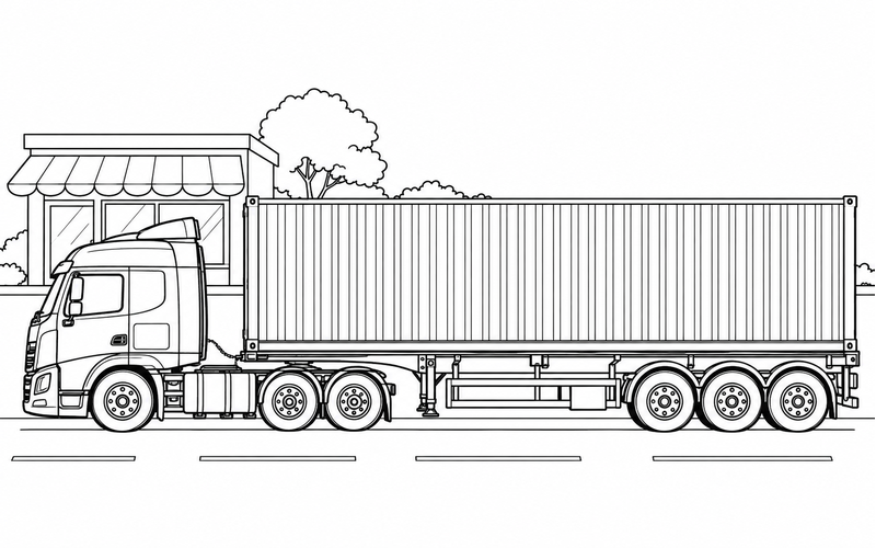 Tranh tô màu xe container cạnh cửa hàng nhỏ