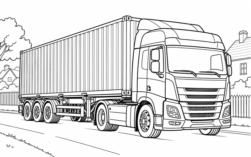 Tranh tô màu xe container trong ngôi làng yên tĩnh