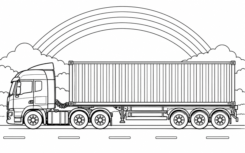 Tranh tô màu xe container dưới cầu vồng