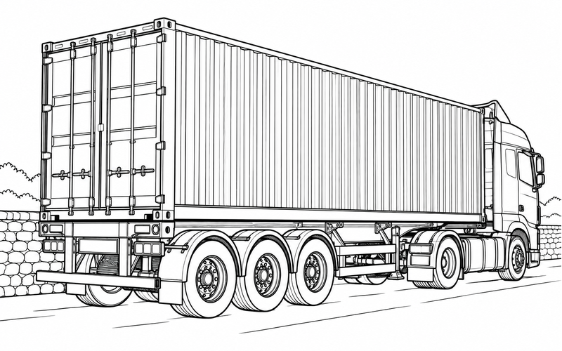 Tranh tô màu xe container bên bức tường đá thấp