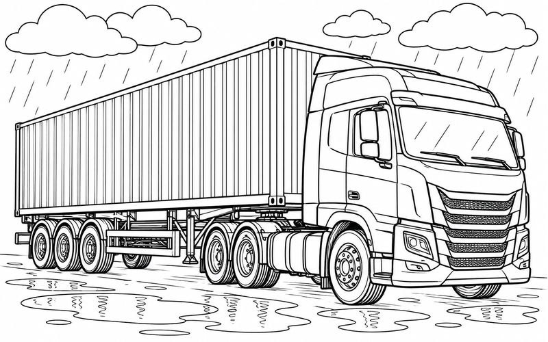 Tranh tô màu xe container trong ngày có mưa nhẹ