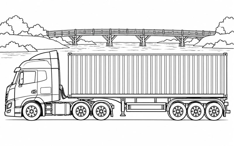 Tranh tô màu xe container với cây cầu gỗ phía xa