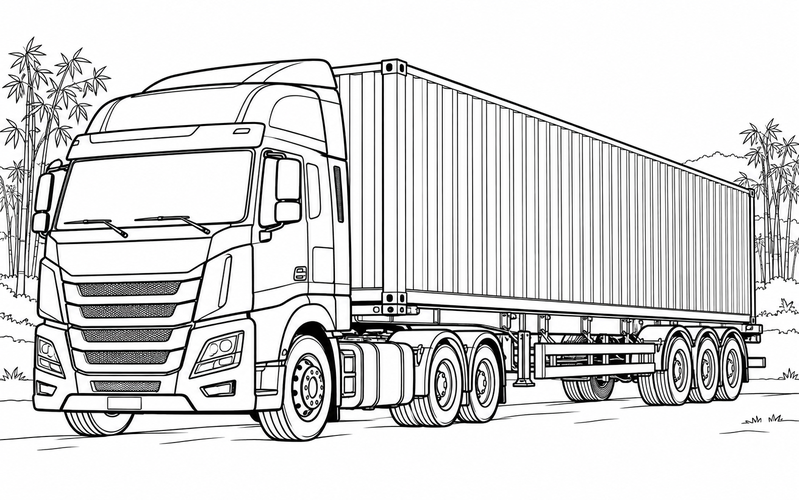 Tranh tô màu xe container với khóm tre phía xa