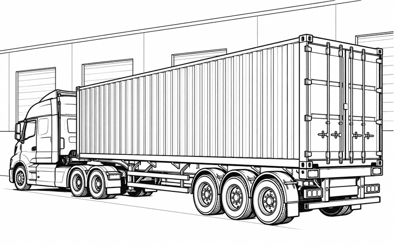 Tranh tô màu xe container ngoài cửa kho rộng