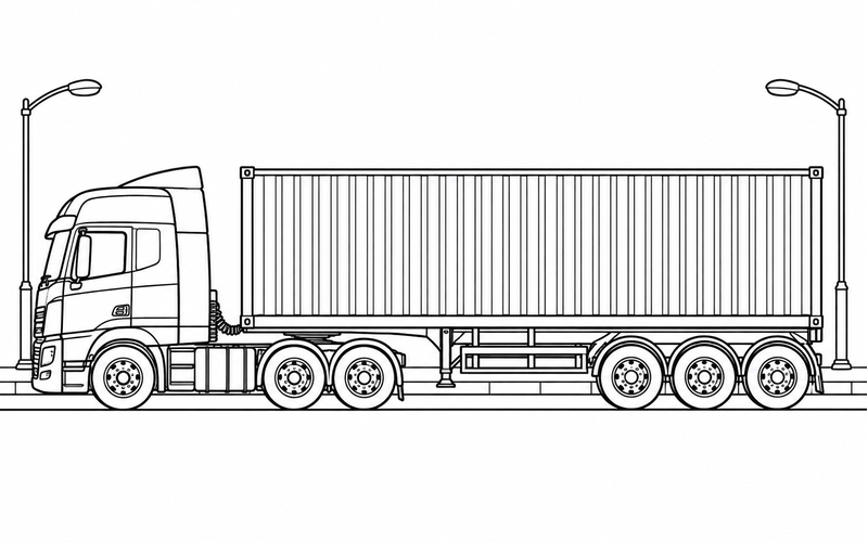 Tranh tô màu xe container bên vỉa hè và đèn đường