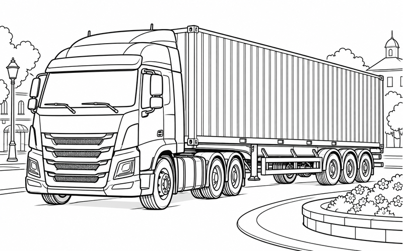 Tranh tô màu xe container gần chậu hoa tròn ở quảng trường