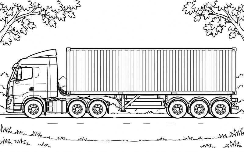 Tranh tô màu xe container trên con đường có tán lá