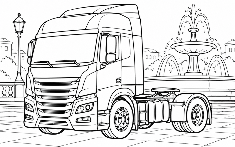 Tranh tô màu xe đầu kéo gần đài phun nước