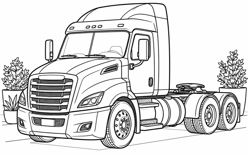 Tranh tô màu xe đầu kéo bên những chậu cây
