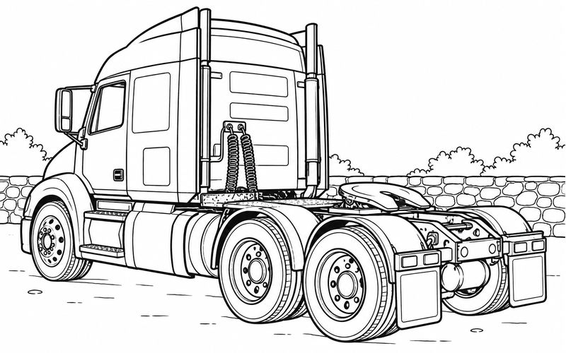 Tranh tô màu xe đầu kéo bên bức tường đá thấp