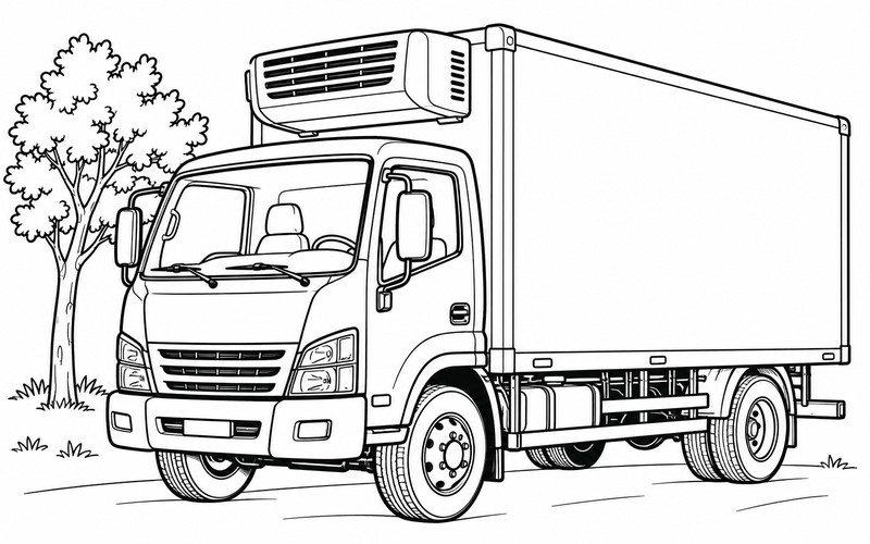 Tranh tô màu xe đông lạnh đỗ bên cây nhỏ