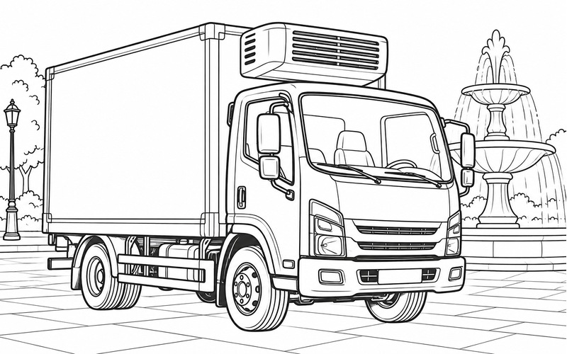 Tranh tô màu xe đông lạnh gần đài phun nước